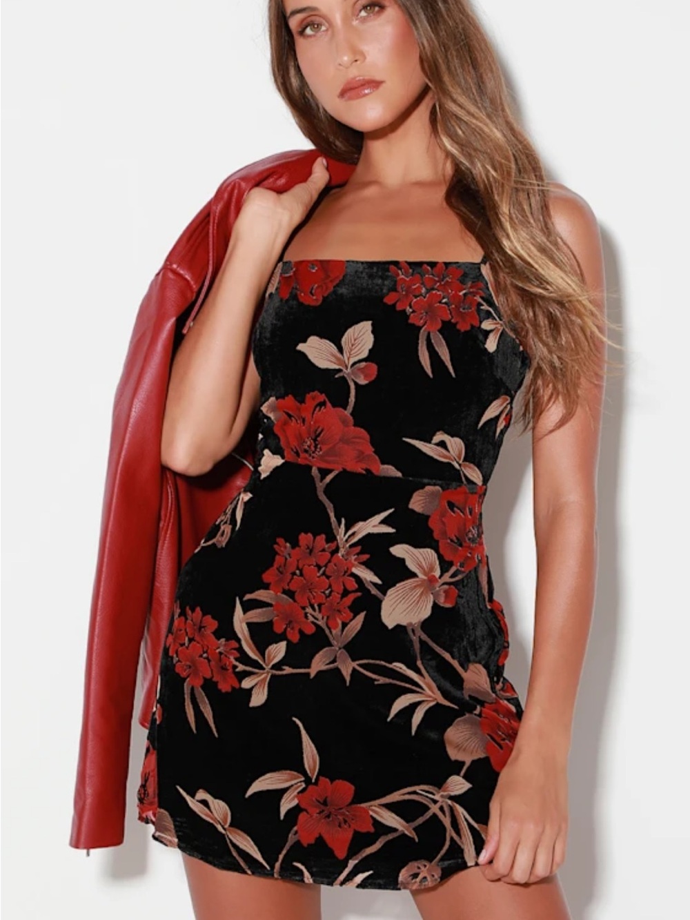 Lulu's Black Floral Print Velvet Mini Dress